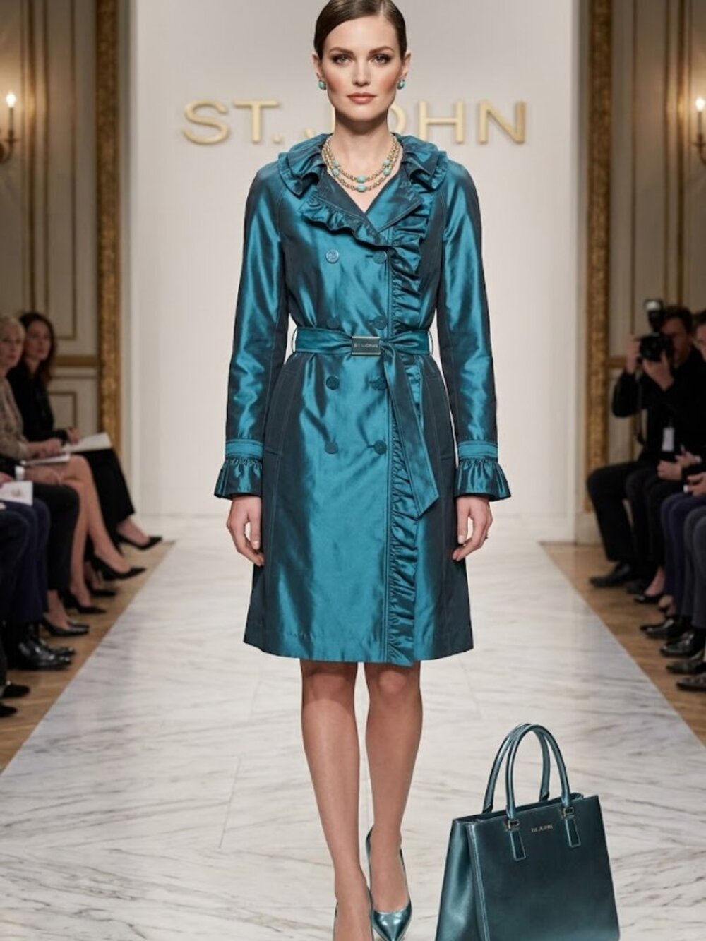 St. John Silk Blend Ruffled Metallic Teal Raincoat Trench Jacket Sz 10 MSRP $100